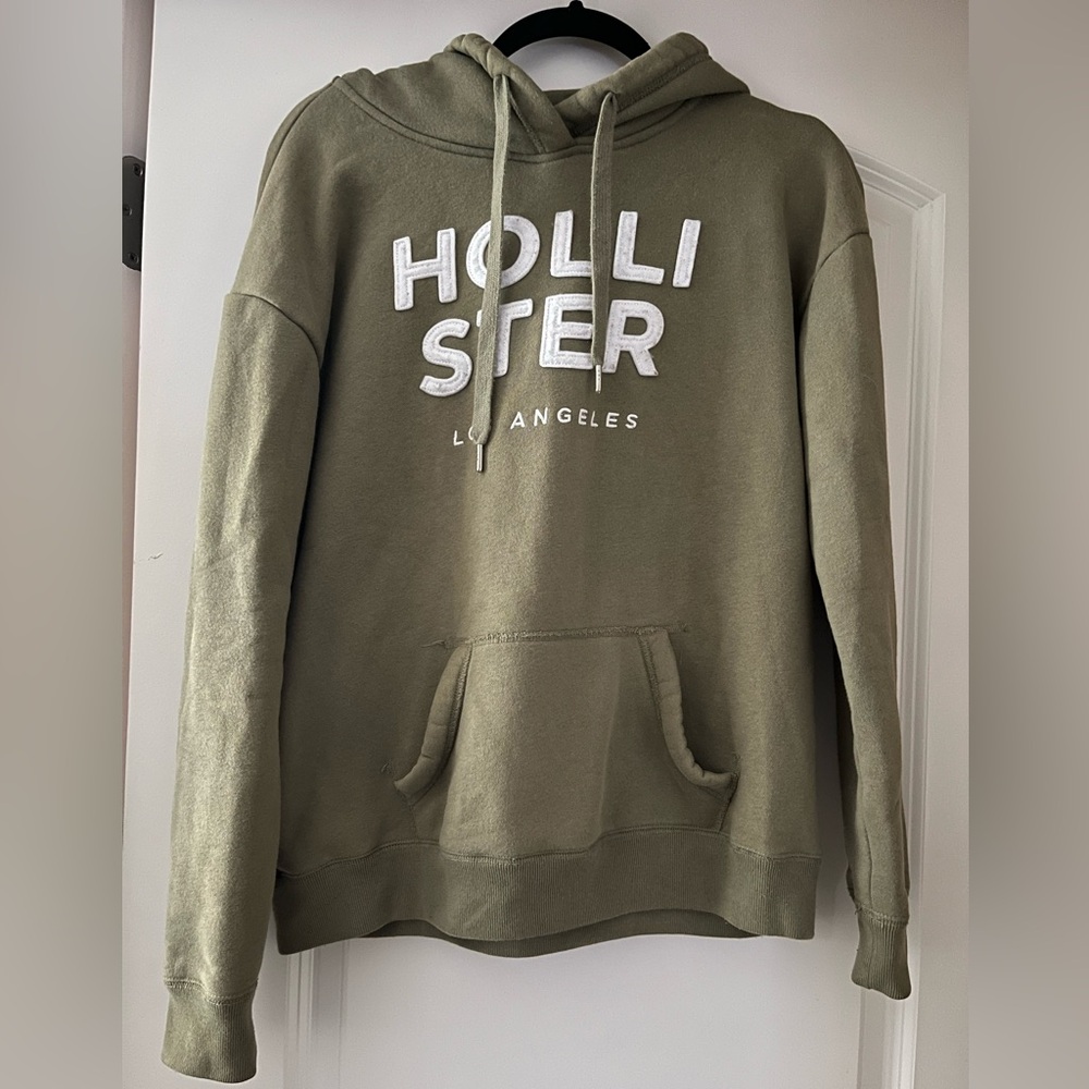 Y2K Hollister Hoodie Sweatshirt Olive Green Spell Out Vintage Preppy Surf Sz M